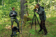 Zwei Männer mit Uniform der Forstverwaltung vermessen den Wald
