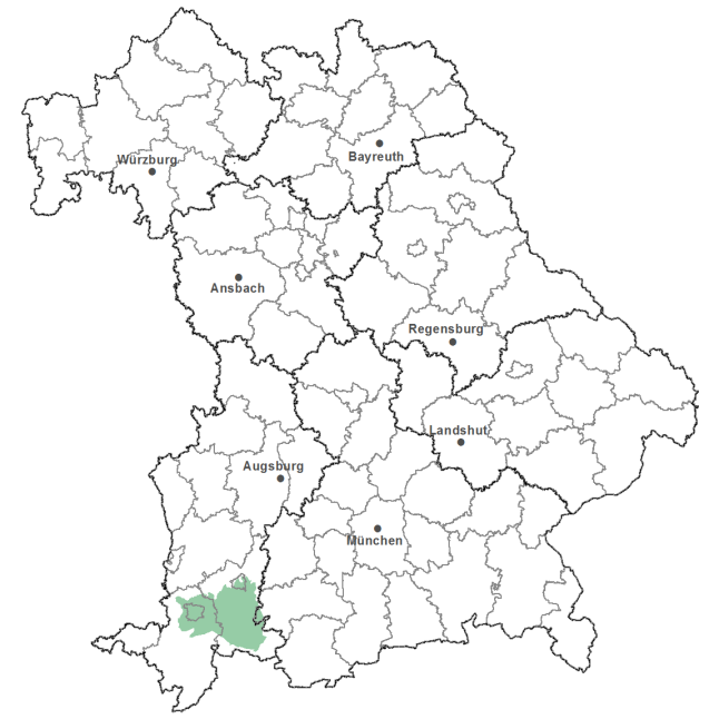 Die Karte zeigt das Bundesland Bayern. Zusätzlich sind die Grenzen der bayerischen Regierungsbezirke zu erkennen. Die ausgewählte Region ist als grüner Flächenumriss gekennzeichnet. Die Region Schwäbische Jungmoräne und Molassevorberge liegt im Südwesten von Bayern.
