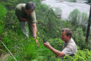 Zwei Männer untersuchen Bodenpflanzen mit Spezialgeräten.