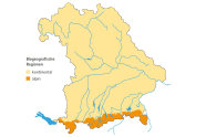 Karte von Bayern, jedoch lediglich mit Flüßen und Seen darauf, der Rest in Gelb markiert