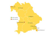 Karte Bayerns mit den Orten der Untersuchungsgebiet