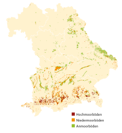 Bayernkarte mit Hochmooren, Niedermoorböden und Anmoorböden