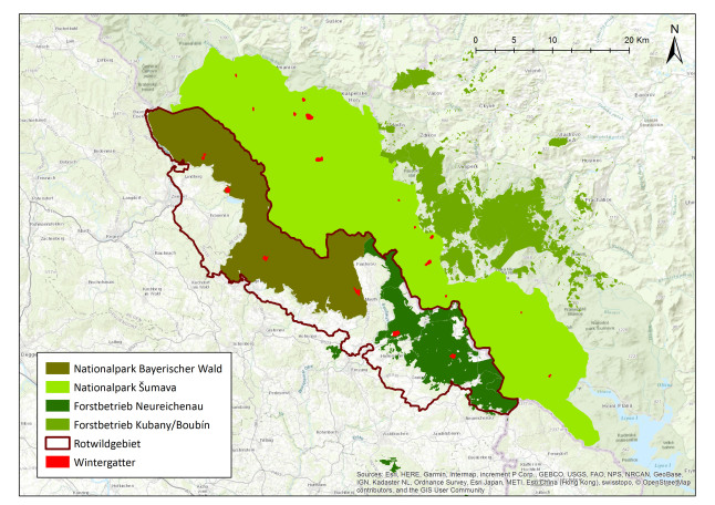 Karte mit verschieden grünen Markierungen für beteiligte Projektpartner und roter Eingrenzung des Projektgebietes.