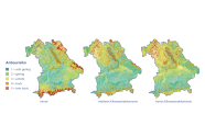 Bayernkarte mit Anbaurisikoeinwertungen heute - mittleres Klimawandelszenario - hartes Klimawandelszenario im Vergleich