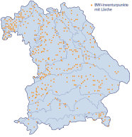 Die Grafik zeigt die Lage der BWI-Trakte in den Wuchsgebieten Bayerns, an denen bei der Bundeswaldinventur 1 oder 2 Europäische Lärchen aufgenommen wurden.