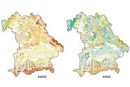 Zwei Karten von Bayern, links mit vielen roten Teilen, rechts mit tendenziell eher grünernen Bereichen