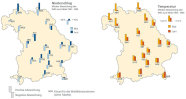 Grafik: Mittlere Temperatur- und Niederschlagsabweichungen an den Waldklimastationen.