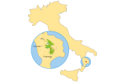 Grafische Abbildung von Italien zeigt die Lage des Monte Gariglione-Erntebestands im Silagebirg.