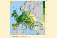 Vorkommenswahrscheinlichkeit der Wahlnuss auf Europakarte, farblich hinterlegt