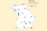 Karte Bayerns mit Balkendiagramm der WKS Juni und Juli im Vergleich nach Standort