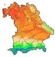 Bayern-Karte: Regionale Temperatur-Differenz bei niedriger Feldkapazität