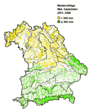 Die Graphik zeigt eine Karte von Bayern. Darauf abgebildet sind die erwarteten Niederschlagsmengen von Mai bis September in den Jahren 2071-2100.