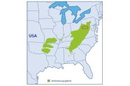 Karte der Ostküste der Usa; darauf grün markeirte Fläche unterhalb der großen Seen