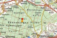 Karte nördlich von Ebersberg bei München; zeigt insbesondere den Ebersberger Forst; darauf ein oranges und rotes Quadrat