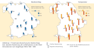 Die Grafik zeigt zwei Umrisskarten von Bayern.  Auf der linken Karte werden durch je zwei Säulen die mittleren Niederschlagsabweichungen an den 19 Waldklimastationen zum Mittel von 1961 - 1990 für die Monate Januar und Februar 2013 dargestellt. In der rechten Karte werden in gleicher Art und Weise die mittleren Temperaturabweichungen veranschaulicht.