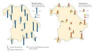 Grafik: Mittlere Niederschlags- und Temperaturabweichungen an den Waldklimastationen im Frühjahr 2010.