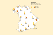 Grafik mit einer Darstellung von Bayern mit der prozentualen Abweichung der Lufttemperatur.