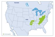 Karte von Nordamerika mit Verbreitungsgebiet der Robinie im Osten der USA
