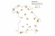 Die Bayern-Karte zeigt von beiden Monaten die mittlere Temp-Abweichung zum Mittel aller WKSs