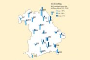 Karte von Bayern mit hellblauen, mittelblauen und dunkelblauen Balken darauf