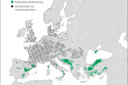 Europakarte mit schwarzen Punkten (v.a. Mitteleuropa) und grünen Flächen (v.a. in Südeuropa und Türkei)