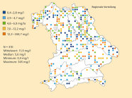 Bayernkarte:Farblich markierte Punkte kennzeichen die regionale Stickstoffkonzentration der dortigen Böden.
