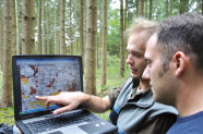 Zwei Männer mit Laptop im Wald.