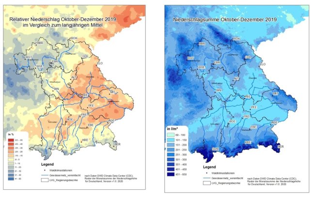 Zwei nebeneinander stehende Karten von Bayern mit gemessenen Temparaturdaten (links) und Niederschlagsmengen (rechts).