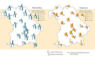 Zwei Umrisskarten von Bayern. Auf der linken Karte werden durch je zwei Säulen die mittleren Niederschlagsabweichungen an den 19 Waldklimastationen zum Mittel von 1961 - 1990 für die Monate November und Dezember 2014 dargestellt. In der rechten Karte werden in gleicher Art und Weise die mittleren Temperaturabweichungen veranschaulicht.