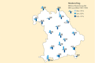 Mittlerer Niederschlag an Bayerns Waldklimastationen mit seinen Abweichungen