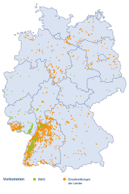 Vorkommen der Edelkastanie in Deutschland laut BWI3 und Einzelmeldungen der Länder, Spitzen insbesondere am Oberrhein sowie im Saarland