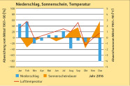 Diagramm, in dem Niederschlag, Sonnenscheindauer und Lufttemperatur über das Jahr aufgetragen. 