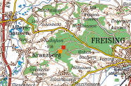 Kartenausschnitt Freising und Umland auf dem die Lage der Bestands- und Freilandmessstelle eingezeichnet sind