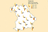 Bayernkarte mit  Angabe der absoluten Abweichung der Lufttemperatur vom langjährigen Mittel 1961–1990 an den Waldklimastationen