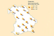 Bayernkarte mit Balken für die an den Waldklimastationen gemessenen Temperaturen.