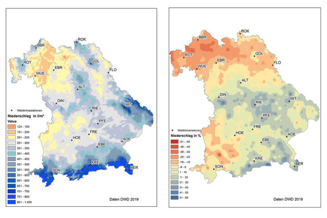 Zwei Bayernkarten mit unterschiedlich gefärbten Bereichen für die Menge der Niederschläge.