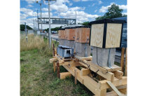 Feldversuch aus Holz und Betonteilen in der Wiese direkt an der Autobahn