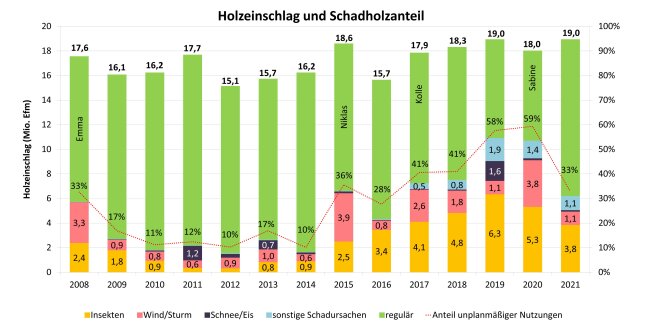 Säulendiagramm zeigt den Einschlag in Bayern zwischen 2008 und 2021 nach den Ursachen