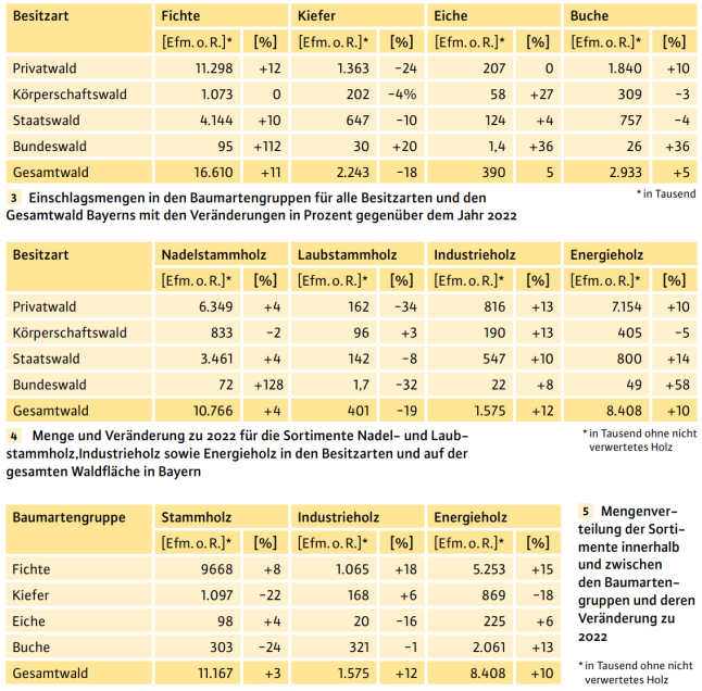 Grafik zeigt Einschlagsmengen, Menge und Veränderung der Sortimente der Nadel- und Laubbaumarten.