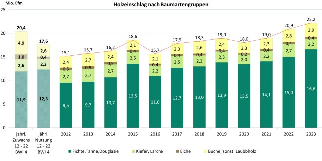 Säulendiagramm zeigt Holzeinschlag in Bayern von 2007 bis 2023