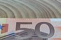 A banknote of 50 euros in the foreground and a wooden disc in the background.