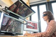 Person sitzt vor mehreren Computerbildschirmen mit einer schwarzen Brille vor den Augen.