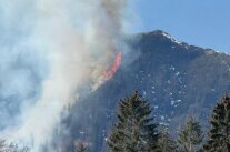 Waldbrand an einem Berghang mit viel dunklem Rauch.