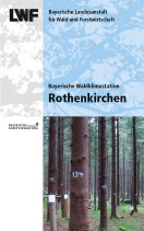Titel vom LWF-Faltblatt zur WKS Rothenkirchen. Fichtenaltbestand mit weiß nummerierten Bäumen und Messgeräten.