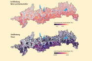 Grafische Darstellung der bayerischen Alpen zeigt die Gefährdung durch Windwurf und/oder Borkenkäfer sowie Feuer.