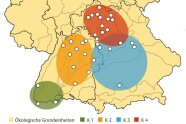 Karte von Südbayern mit Genietischen Clustern, die farbig eingezeichnet sind
