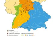 Karte von Süddeutschland, darauf farblich abgehoben die verschiedenen ökologischen Grundeinheiten im Süden und Osten Bayern, Baden-Württemberg, Nordbayern und Rheingraben