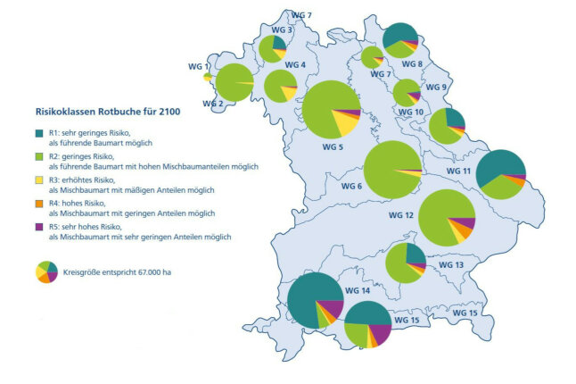 Bayernkarte zeigt Wuchsgebiete und die jeweiligen Anbaurisiken für das Jahr 2100
