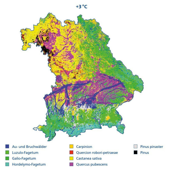 Bayern mit modellierten potenziell natürlichen Waldgesellschaften mit 3 ° C wärmeren Klima