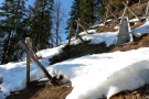 Ein Berghang mit Schnee und Lawinenschutzmaßnahmen: Dreibeinböcken